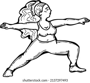 Curvy plus size woman has yoga class and make relaxation pose to be strong and trains her body. Hand drawn retro black and white vintage illustration. Old style comics cartoon line drawing.