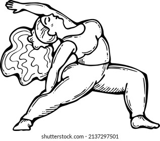 Curvy plus size woman has yoga class and make relaxation pose to be strong and trains her body. Hand drawn retro black and white vintage illustration. Old style comics cartoon line drawing.