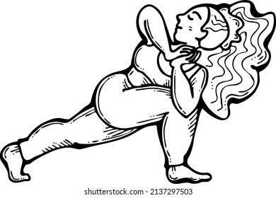 Curvy plus size woman has yoga class and make relaxation pose to be strong and trains her body. Hand drawn retro black and white vintage illustration. Old style comics cartoon line drawing.
