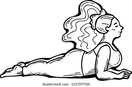 Curvy plus size woman has yoga class and make relaxation pose to be strong and trains her body. Hand drawn retro black and white vintage illustration. Old style comics cartoon line drawing.