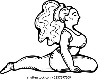Curvy plus size woman has yoga class and make relaxation pose to be strong and trains her body. Hand drawn retro black and white vintage illustration. Old style comics cartoon line drawing.