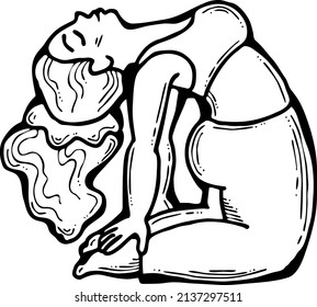 Curvy plus size woman has yoga class and make relaxation pose to be strong and trains her body. Hand drawn retro black and white vintage illustration. Old style comics cartoon line drawing.