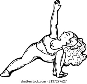 Curvy plus size woman has yoga class and make relaxation pose to be strong and trains her body. Hand drawn retro black and white vintage illustration. Old style comics cartoon line drawing.