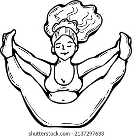 Curvy plus size woman has yoga class and make relaxation pose to be strong and trains her body. Hand drawn retro black and white vintage illustration. Old style comics cartoon line drawing.