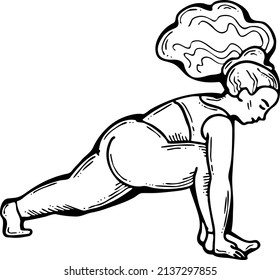 Curvy plus size woman has yoga class and make relaxation pose to be strong and trains her body. Hand drawn retro black and white vintage illustration. Old style comics cartoon line drawing.