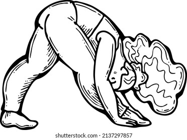 Curvy plus size woman has yoga class and make relaxation pose to be strong and trains her body. Hand drawn retro black and white vintage illustration. Old style comics cartoon line drawing.
