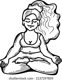 Curvy plus size woman has yoga class and make relaxation pose to be strong and trains her body. Hand drawn retro black and white vintage illustration. Old style comics cartoon line drawing.