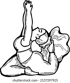 Curvy plus size woman has yoga class and make relaxation pose to be strong and trains her body. Hand drawn retro black and white vintage illustration. Old style comics cartoon line drawing.