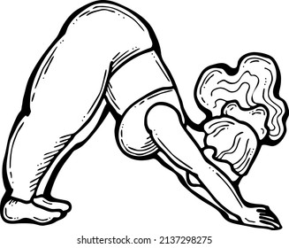 Curvy plus size woman has yoga class and make relaxation pose to be strong and trains her body. Hand drawn retro black and white vintage illustration. Old style comics cartoon line drawing.