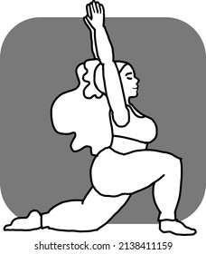 Curvy plus size woman has yoga class and make relaxation pose to be strong and trains her body. Hand drawn retro black and white vintage vector illustration. Old style comics cartoon line drawing.