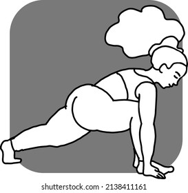 Curvy plus size woman has yoga class and make relaxation pose to be strong and trains her body. Hand drawn retro black and white vintage vector illustration. Old style comics cartoon line drawing.