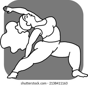 Curvy plus size woman has yoga class and make relaxation pose to be strong and trains her body. Hand drawn retro black and white vintage vector illustration. Old style comics cartoon line drawing.