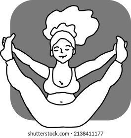 Curvy plus size woman has yoga class and make relaxation pose to be strong and trains her body. Hand drawn retro black and white vintage vector illustration. Old style comics cartoon line drawing.
