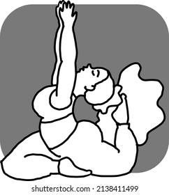 Curvy plus size woman has yoga class and make relaxation pose to be strong and trains her body. Hand drawn retro black and white vintage vector illustration. Old style comics cartoon line drawing.