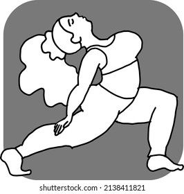 Curvy plus size woman has yoga class and make relaxation pose to be strong and trains her body. Hand drawn retro black and white vintage vector illustration. Old style comics cartoon line drawing.