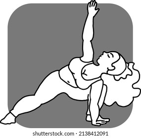 Curvy plus size woman has yoga class and make relaxation pose to be strong and trains her body. Hand drawn retro black and white vintage vector illustration. Old style comics cartoon line drawing.