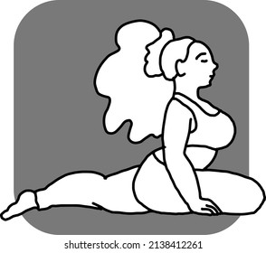 Curvy plus size woman has yoga class and make relaxation pose to be strong and trains her body. Hand drawn retro black and white vintage vector illustration. Old style comics cartoon line drawing.