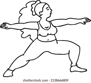 Curvy plus size woman has yoga class and make relaxation pose to be strong and trains her body. Hand drawn black and white vector illustration.  Comics cartoon line drawing.