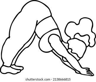 Curvy plus size woman has yoga class and make relaxation pose to be strong and trains her body. Hand drawn black and white vector illustration.  Comics cartoon line drawing.