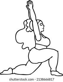 Curvy plus size woman has yoga class and make relaxation pose to be strong and trains her body. Hand drawn black and white vector illustration.  Comics cartoon line drawing.