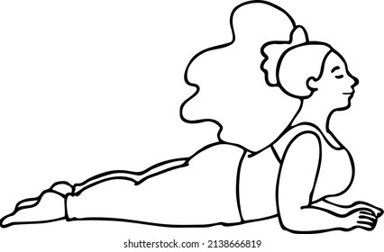 Curvy plus size woman has yoga class and make relaxation pose to be strong and trains her body. Hand drawn black and white vector illustration.  Comics cartoon line drawing.