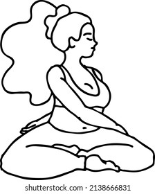 Curvy plus size woman has yoga class and make relaxation pose to be strong and trains her body. Hand drawn black and white vector illustration.  Comics cartoon line drawing.