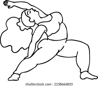 Curvy plus size woman has yoga class and make relaxation pose to be strong and trains her body. Hand drawn black and white vector illustration.  Comics cartoon line drawing.