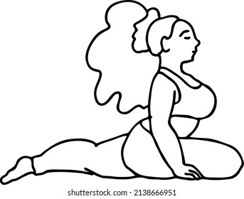 Curvy plus size woman has yoga class and make relaxation pose to be strong and trains her body. Hand drawn black and white vector illustration.  Comics cartoon line drawing.