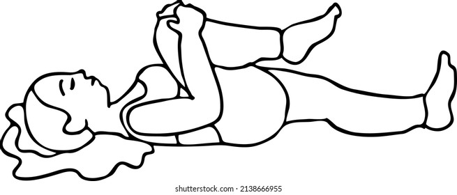 Curvy plus size woman has yoga class and make relaxation pose to be strong and trains her body. Hand drawn black and white vector illustration.  Comics cartoon line drawing.