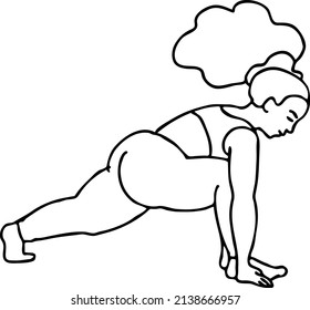 Curvy plus size woman has yoga class and make relaxation pose to be strong and trains her body. Hand drawn black and white vector illustration.  Comics cartoon line drawing.