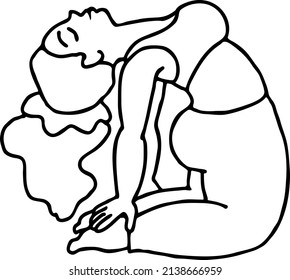 Curvy plus size woman has yoga class and make relaxation pose to be strong and trains her body. Hand drawn black and white vector illustration.  Comics cartoon line drawing.