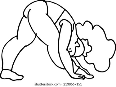Curvy plus size woman has yoga class and make relaxation pose to be strong and trains her body. Hand drawn black and white vector illustration.  Comics cartoon line drawing.
