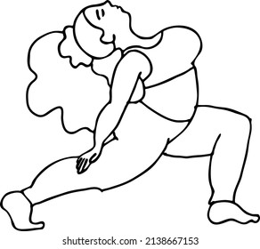 Curvy plus size woman has yoga class and make relaxation pose to be strong and trains her body. Hand drawn black and white vector illustration.  Comics cartoon line drawing.