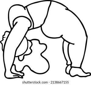 Curvy plus size woman has yoga class and make relaxation pose to be strong and trains her body. Hand drawn black and white vector illustration.  Comics cartoon line drawing.
