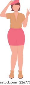 Curvy pretty woman posing with victory sign semi flat color vector character. Editable figure. Full body person on white. Simple cartoon style spot illustration for web graphic design and animation