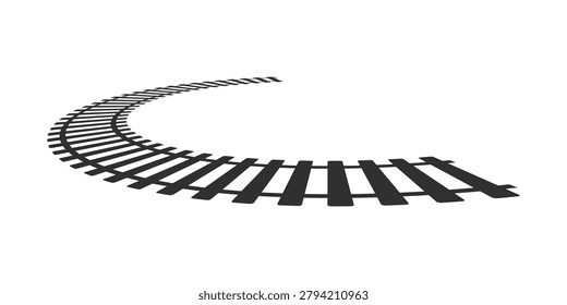 Curvy railroad element in perspective isolated on white background. Black railway or traintrack silhouette fading into distance. Vector graphic illustration.