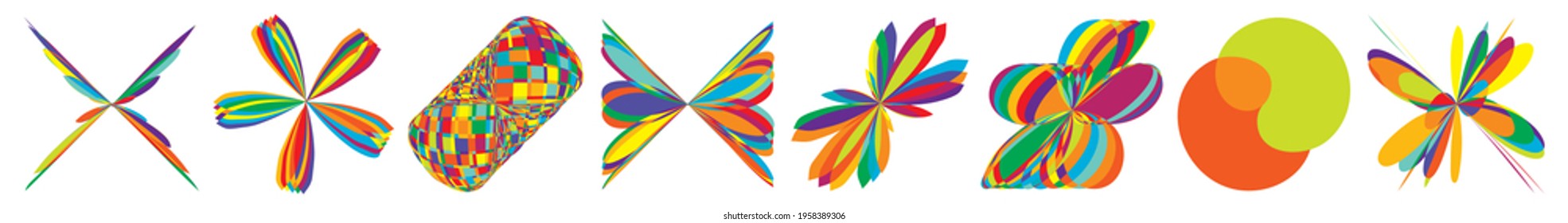Curvy random vibrant colourful abstract shapes, design elements set. Jumble, kaleidoscope effect vector illustration set