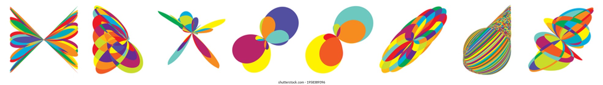 Curvy random vibrant colourful abstract shapes, design elements set. Jumble, kaleidoscope effect vector illustration set