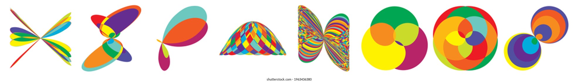 Curvy random vibrant colourful abstract shapes, design elements set. Jumble, kaleidoscope effect vector illustration set
