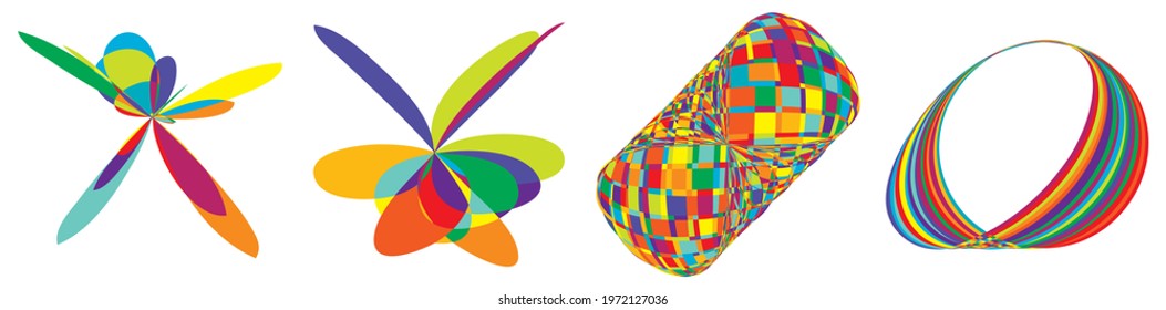 Curvy random vibrant colourful abstract shapes, design elements set. Jumble, kaleidoscope effect vector illustration set