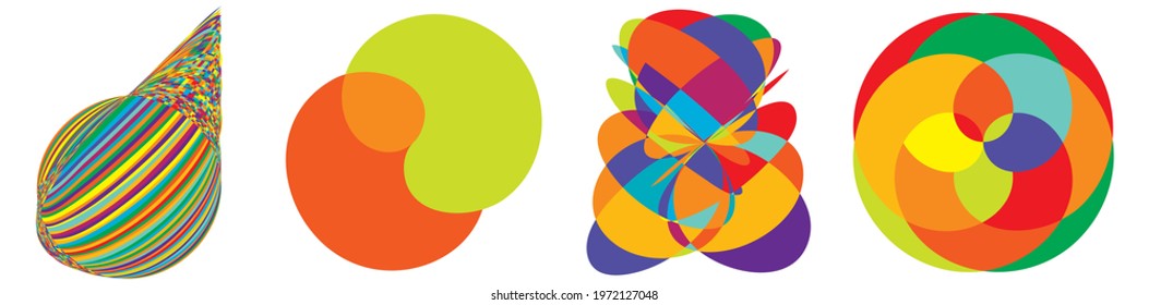 Curvy random vibrant colourful abstract shapes, design elements set. Jumble, kaleidoscope effect vector illustration set