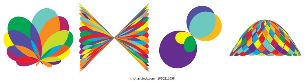 Curvy random vibrant colourful abstract shapes, design elements set. Jumble, kaleidoscope effect vector illustration set