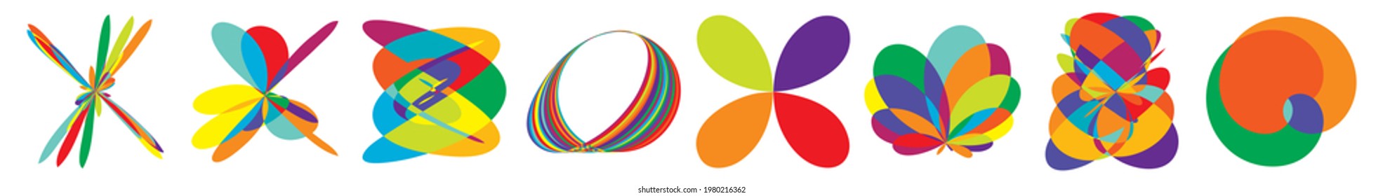 Curvy random vibrant colourful abstract shapes, design elements set. Jumble, kaleidoscope effect vector illustration set