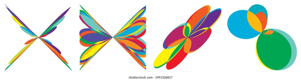 Curvando formas abstractas de color vibrante al azar, conjunto de elementos de diseño. Jumble, kaleidoscope efecto conjunto de ilustraciones vectoriales
