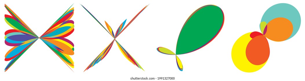Curvy random vibrant colourful abstract shapes, design elements set. Jumble, kaleidoscope effect vector illustration set