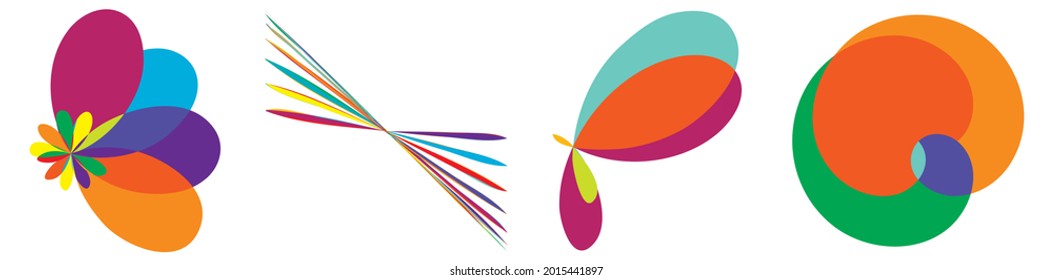 Curvy random vibrant colourful abstract shapes, design elements set. Jumble, kaleidoscope effect vector illustration set