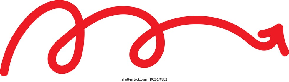 Seta vermelha curva apontada para a direita, ilustração, vetor sobre fundo branco.
