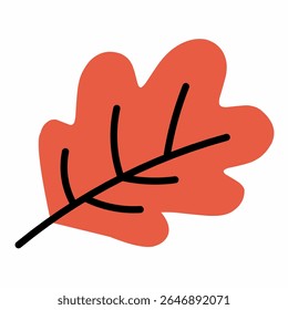 Curvy red oak-inspired leaf with flowing contours and artistic black lines.