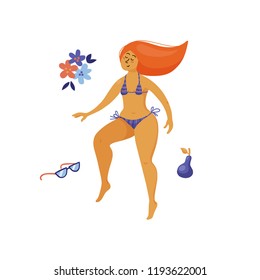 Curvy red-hair woman in bikini jumping in happiness, flat vector illustration isolated on white background. Happy young pretty normal woman jumping in bikini, body positive, self acceptance concept
