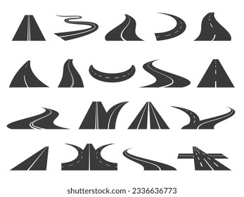 Curvy road elements. Perspective highway windings, winding road and highway path marking with direction signs. Vector isolated set of road highway transportation illustration